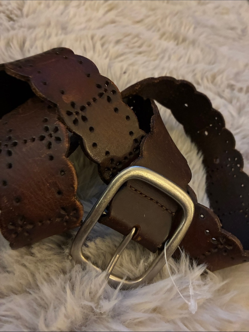 Women's Scalloped Brown Leather Belt with Silver Buckle